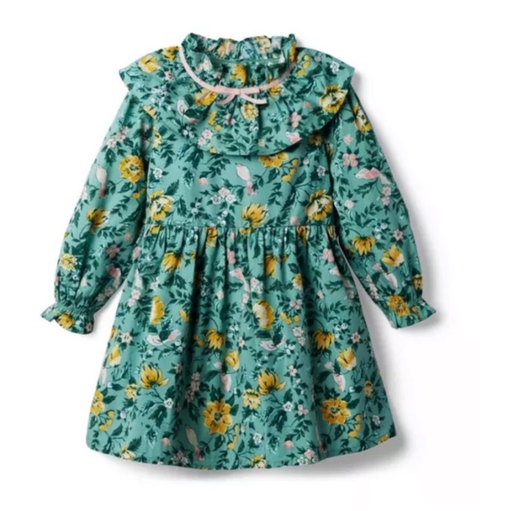 Janie and Jack Floral Ruffle Bow Collar Dress in Malachite Green Sz 4 Girls